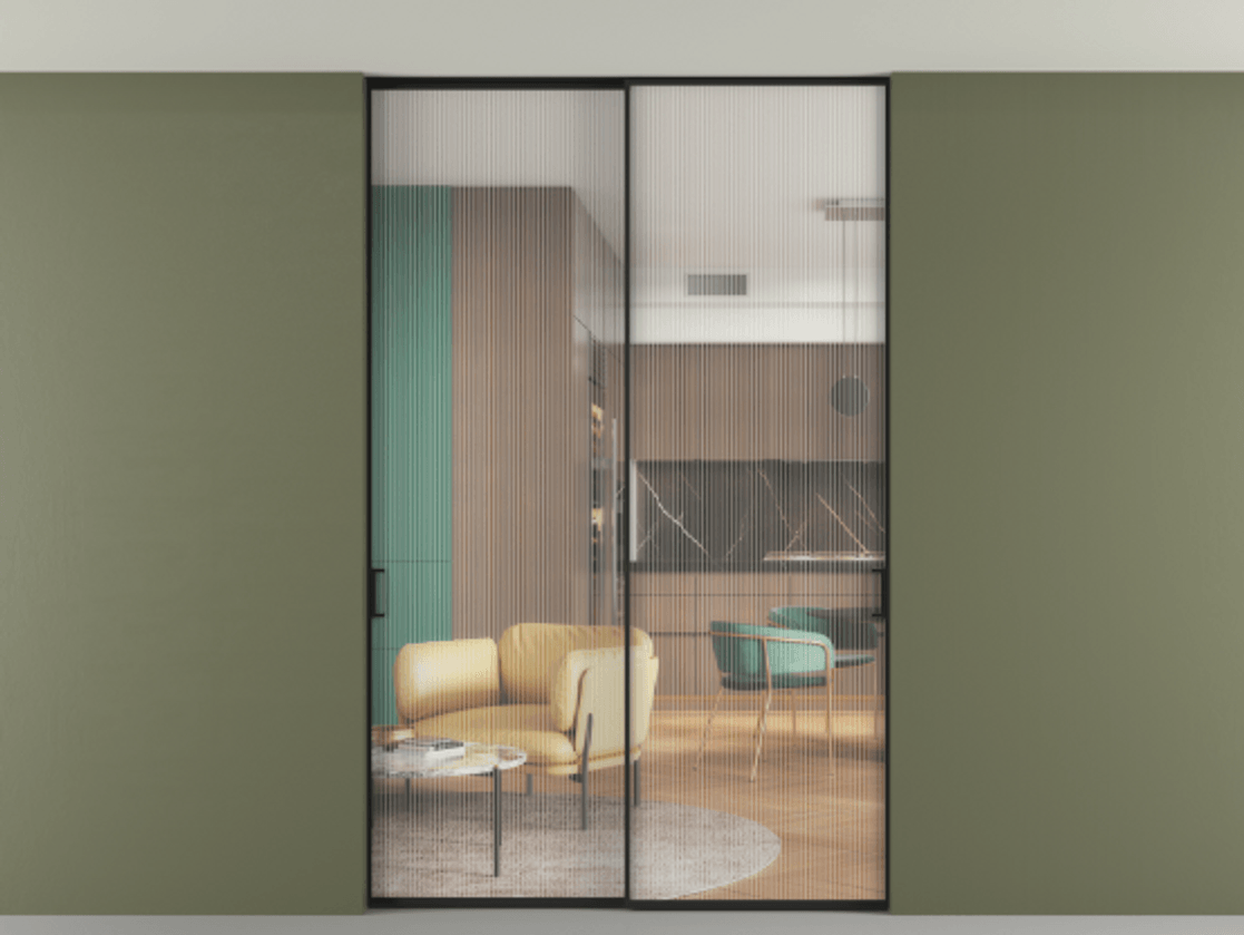 Перегородка Формато внутри проёма скрытое крепление в потолок 2 створки АЛПР 040.01 Алюминий Черный Рифлёное стекло "Мору", триплекс Цена 357730 сом | Volhovec