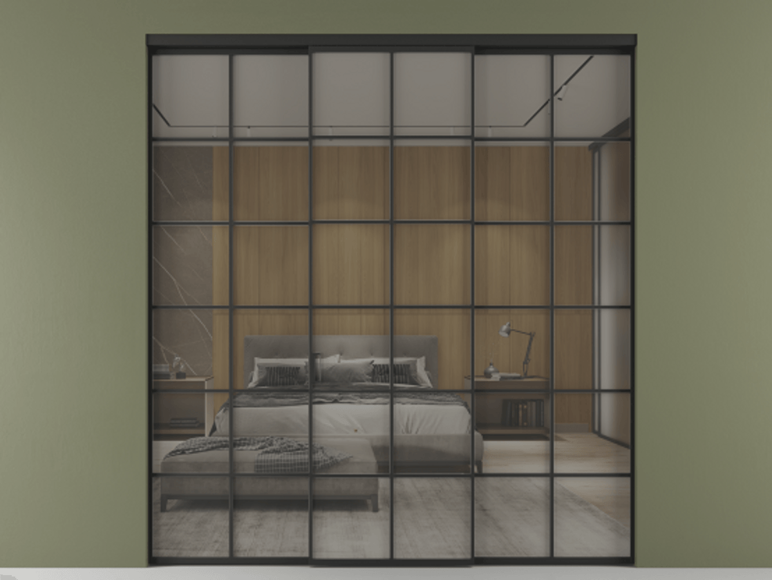 Перегородка Formato внутри проёма 3 створки АЛПР 040.05 Алюминий Черный Рефлективное серое стекло "Стопсол", калёное Цена 327800 ₽ | Volhovec