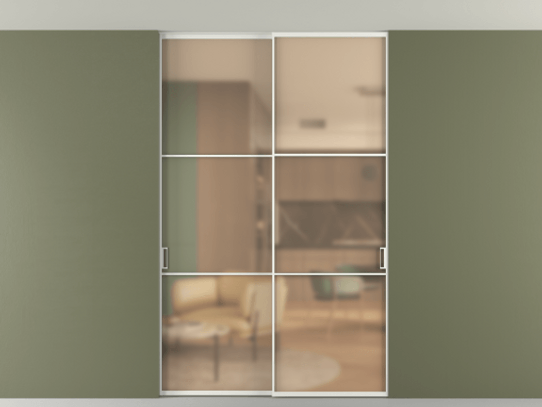 Перегородка Формато внутри проёма скрытое крепление в потолок 2 створки АЛПР 040.03 Алюминий светло-серый Сатинированное оранжевое стекло, триплекс Цена 361400 сом | Volhovec