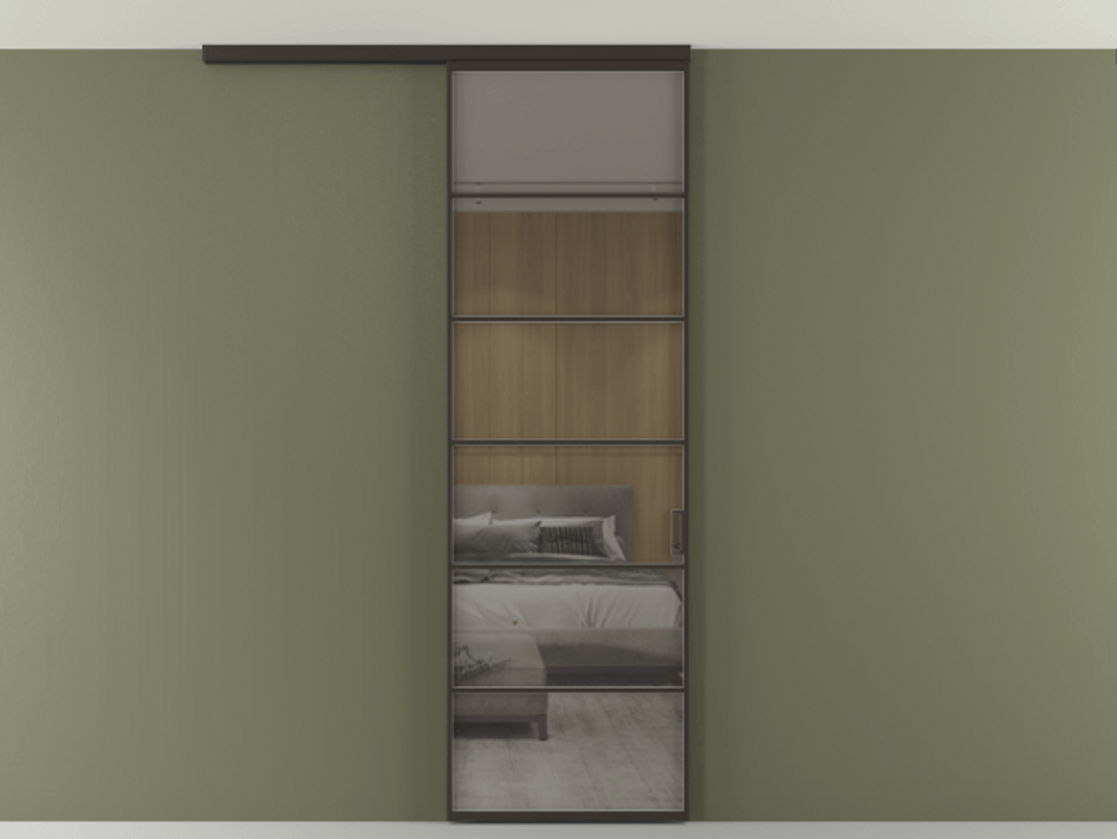 Перегородка Формато вдоль стены на потолок 1 створка АЛПР 040.04 Алюминий антрацит Рефлективное серое стекло "Стопсол", калёное Цена 166351 сом | Volhovec