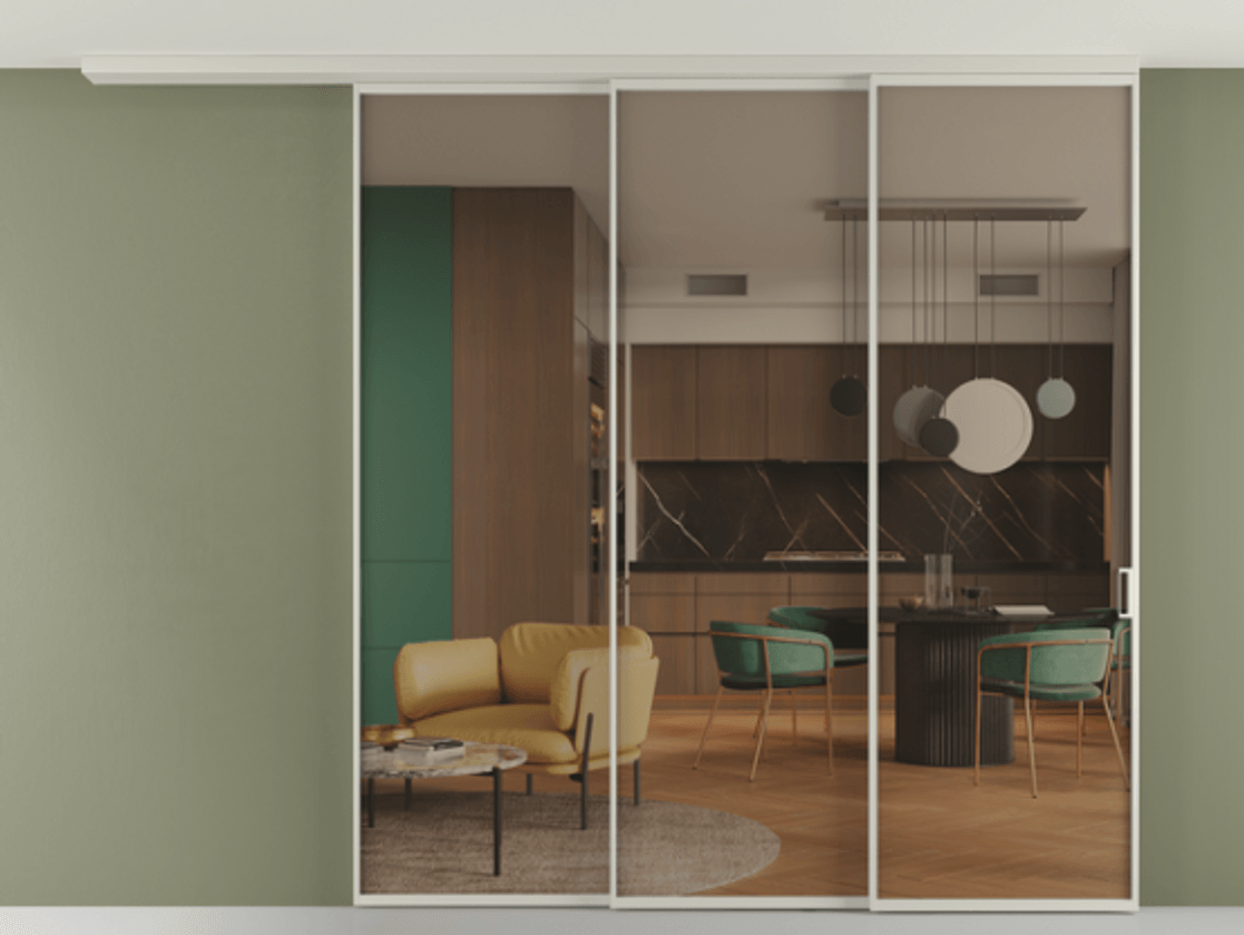 Перегородка Формато вдоль стены на потолок 3 створки с синхронным механизмом АЛПР 040.01 Алюминий тёплый серый Прозрачное бронзовое стекло, триплекс. Цена 556350 сом 1. Полотно 2 шт. (800/2100 мм)
2. Комплект установки раздвижной системы
3. Базовый комплект фурнитуры
4.Ручка Рондо. Фабрика дверей Волховец 8 (800) 551 43 19 Перегородка Формато вдоль стены на потолок 3 створки с синхронным механизмом АЛПР 040.01 Алюминий тёплый серый Прозрачное бронзовое стекло, триплекс Цена 556350 сом | Volhovec