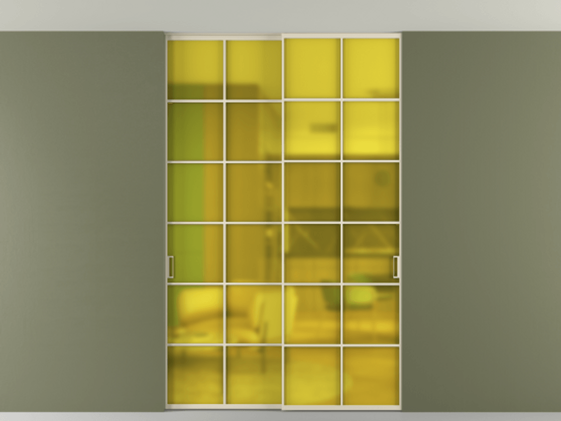 Перегородка Формато внутри проёма скрытое крепление в потолок 2 створки АЛПР 040.05 Алюминий бежево-серый Сатинированное жёлтое стекло, триплекс Цена 380140 сом | Volhovec