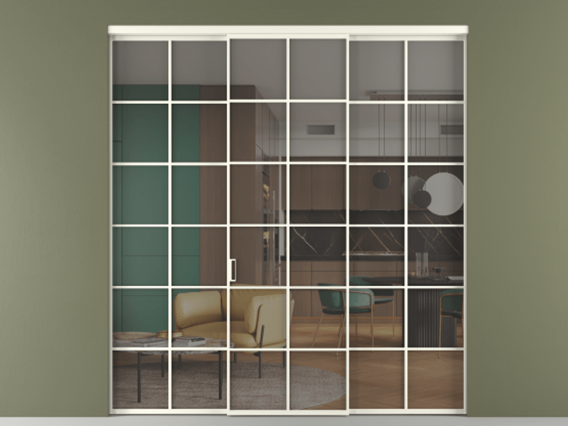 Перегородка Формато внутри проёма 3 створки АЛПР 040.05 Алюминий жемчужный Прозрачное серое стекло, триплекс Цена 371030 сом | Volhovec