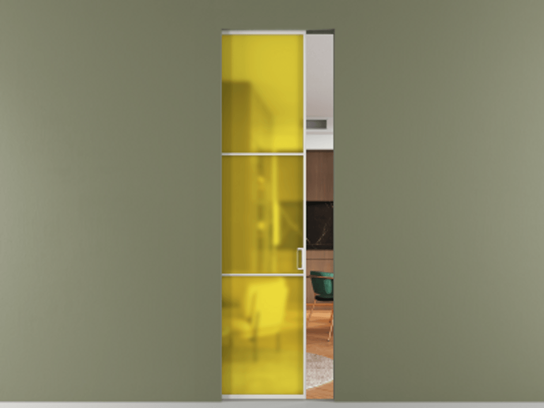 Перегородка Formato скрытый пенал 1 створка АЛПР 040.03 Алюминий Белый Сатинированное жёлтое стекло, триплекс Цена 222040 сом | Volhovec