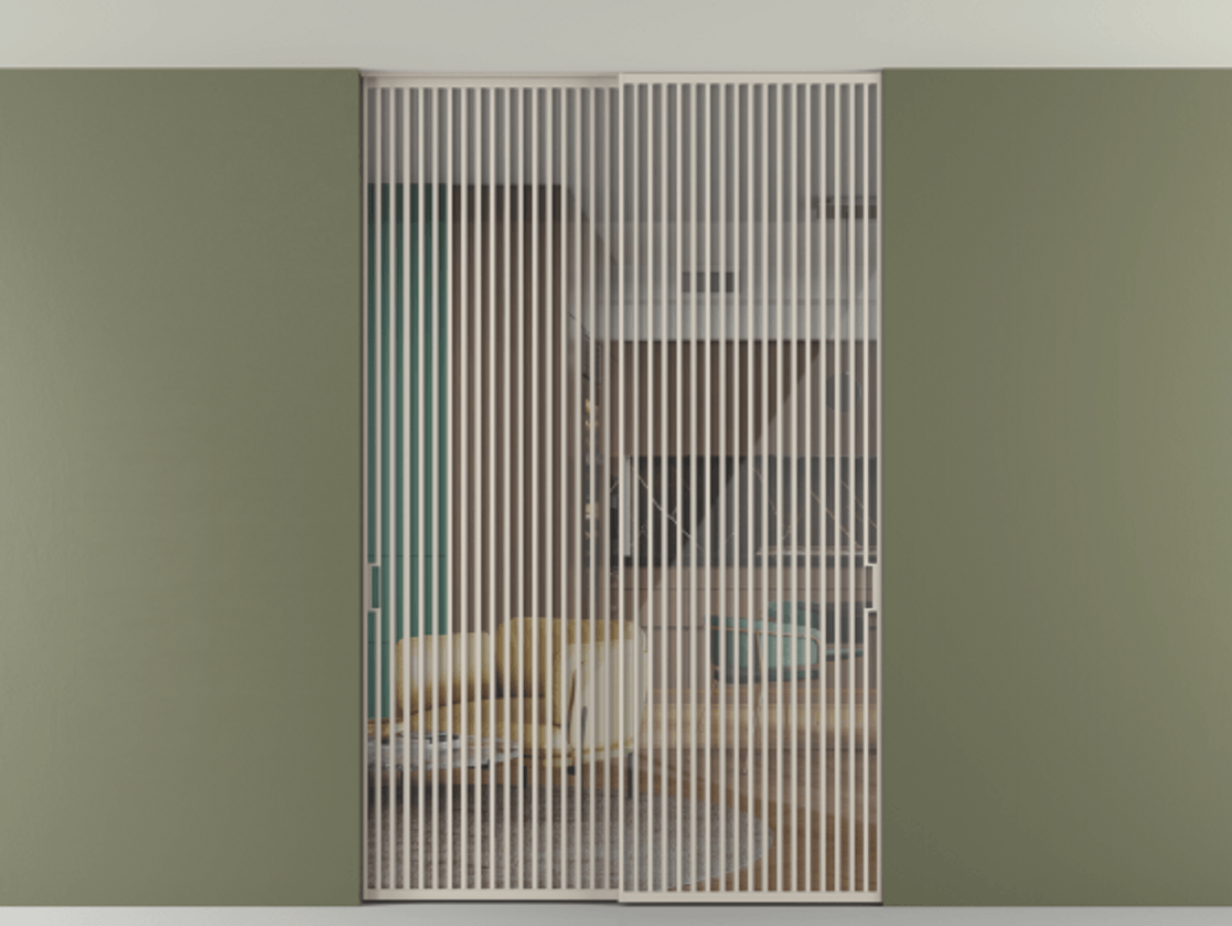 Перегородка Formato внутри проёма скрытое крепление в потолок 2 створки АЛПР 040.06 Алюминий светло-бежевый Рефлективное прозрачное стекло "Stopsol", калёное Цена 758751 сом | Volhovec