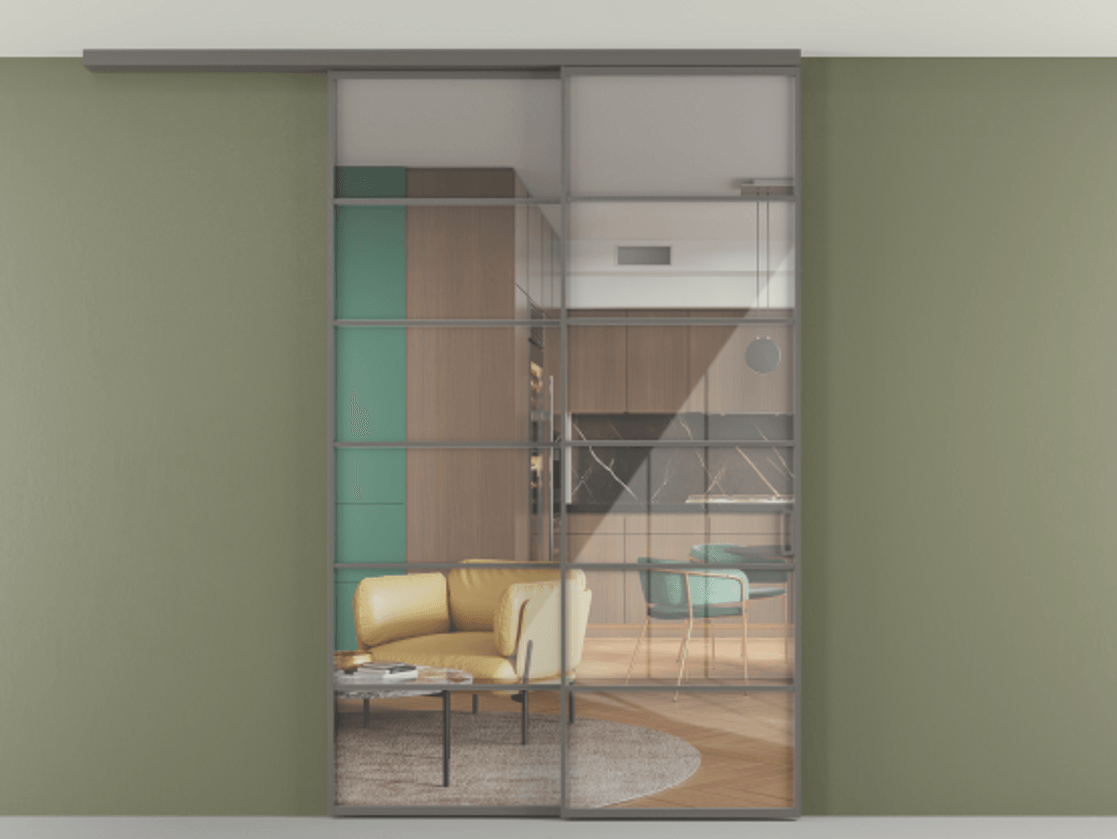 Перегородка Формато вдоль стены на потолок 2 створки с синхронным механизмом АЛПР 040.04 Алюминий классический серый Рефлективное прозрачное стекло "Стопсол", калёное Цена 443360 сом | Volhovec