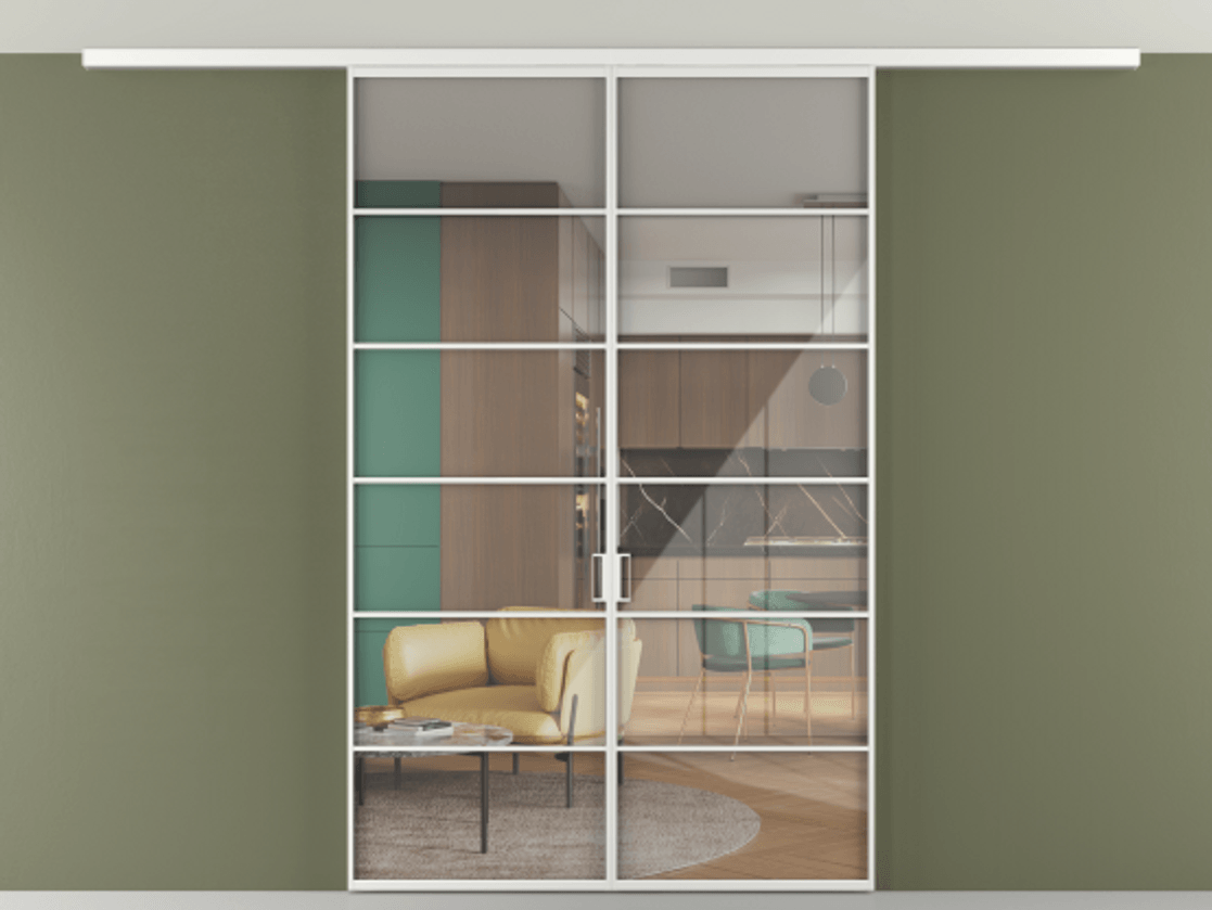 Перегородка Формато вдоль стены на потолок 2 створки АЛПР 040.04 Алюминий белоснежный Рефлективное прозрачное стекло "Стопсол", калёное Цена 322360 сом | Volhovec