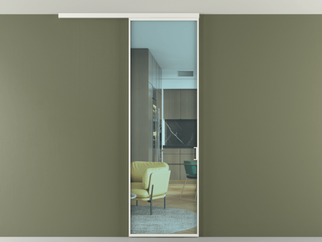 Перегородка Формато вдоль стены на потолок 1 створка АЛПР 040.01 Алюминий светло-серый Прозрачное голубое стекло, триплекс Цена 134540 сом | Volhovec