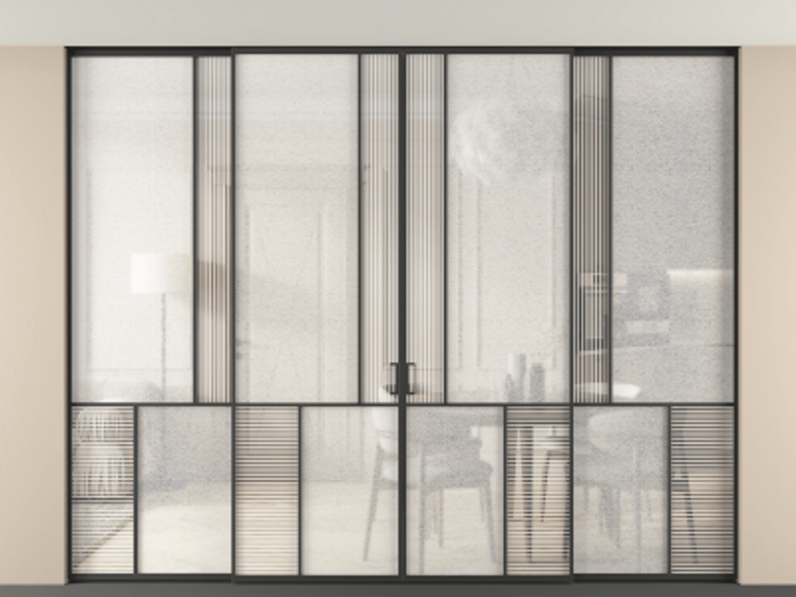 Перегородка Mosaic внутри проёма четырёхстворчатая со скрытым креплением в потолок АЛПР 041.20 Алюминий Черный Рифлёное стекло "Дюна", триплекс, 6 мм + Фактурное стекло "Лёд", триплекс, 6 мм Цена 573440 ₽ | Volhovec