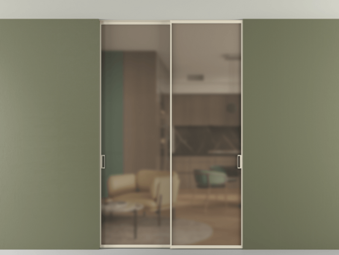 Перегородка Формато внутри проёма скрытое крепление в потолок 2 створки АЛПР 040.01 Алюминий бежево-серый Сатинированное бронзовое стекло, триплекс Цена 348430 сом | Volhovec