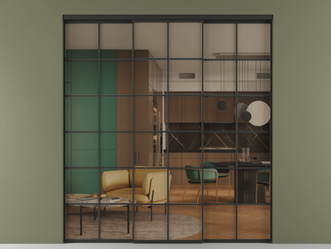 Перегородка Формато внутри проёма 3 створки АЛПР 040.05 Алюминий Черный Прозрачное бронзовое стекло, триплекс Цена 356170 сом | Volhovec