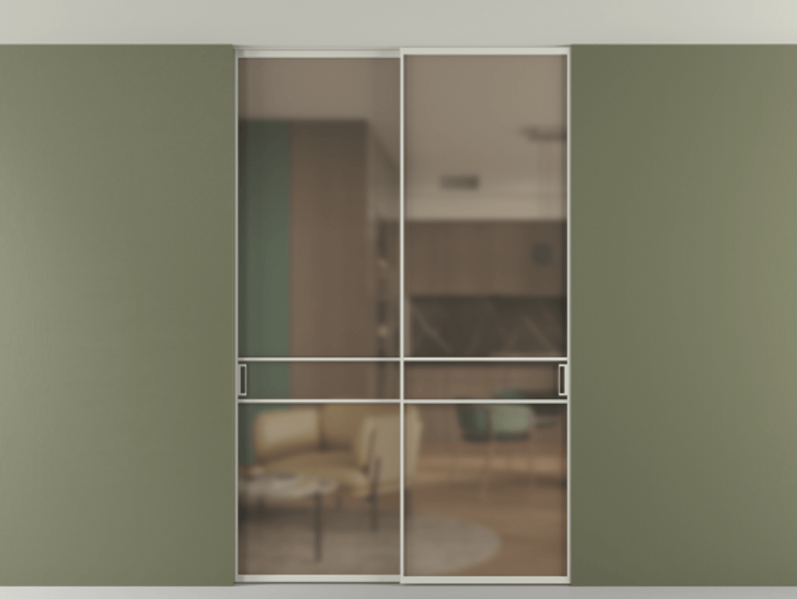 Перегородка Формато внутри проёма скрытое крепление в потолок 2 створки АЛПР 040.02 Алюминий тёплый серый Сатинированное бронзовое стекло, триплекс Цена 361400 сом | Volhovec