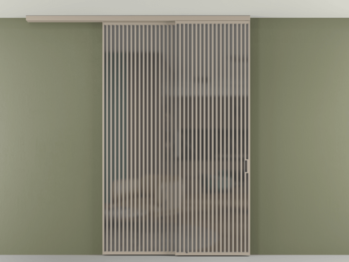 Перегородка Формато вдоль стены на потолок 2 створки с синхронным механизмом АЛПР 040.06 Алюминий бисквитный Сатинированное серое стекло, триплекс Цена 655860 сом | Volhovec