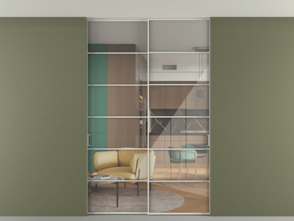 Перегородка Формато внутри проёма скрытое крепление в потолок 2 створки АЛПР 040.04 Алюминий Белый Рефлективное прозрачное стекло "Стопсол", калёное. Скрытый короб БЕЛ Цена 457010 сом 1. Полотно 2 шт. (800/2100 мм)
2. Комплект установки раздвижной системы
3. Базовый комплект фурнитуры
4. Ручка Рондо. Фабрика дверей Волховец 8 (800) 551 43 19 Перегородка Формато внутри проёма скрытое крепление в потолок 2 створки АЛПР 040.04 Алюминий Белый Рефлективное прозрачное стекло "Стопсол", калёное Цена 457010 сом | Volhovec