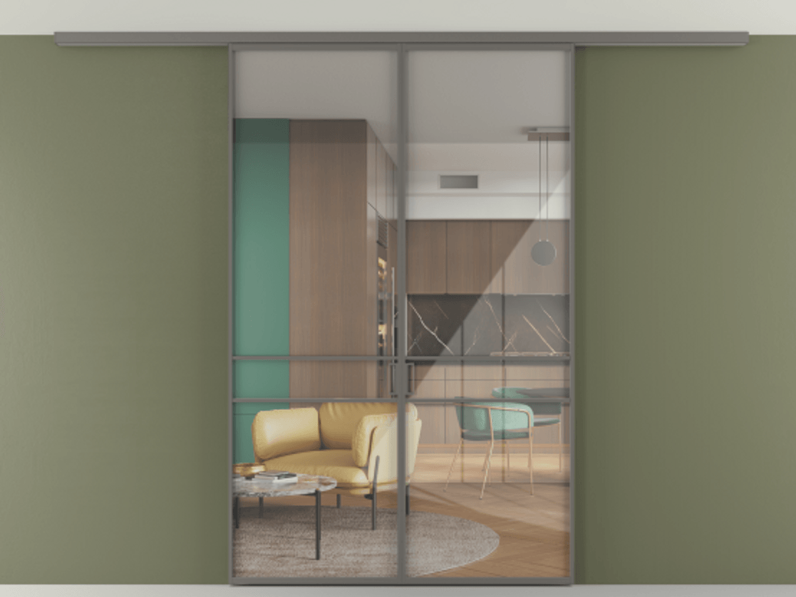 Перегородка Формато вдоль стены на потолок 2 створки АЛПР 040.02 Алюминий классический серый Рефлективное прозрачное стекло "Стопсол", калёное Цена 302380 сом | Volhovec