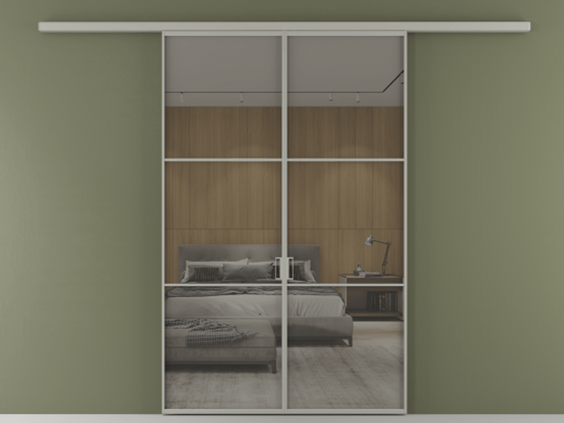 Перегородка Formato вдоль стены 2 створки АЛПР 040.03 Алюминий нейтральный серый Рефлективное серое стекло "Stopsol", калёное Цена 362540 сом | Volhovec