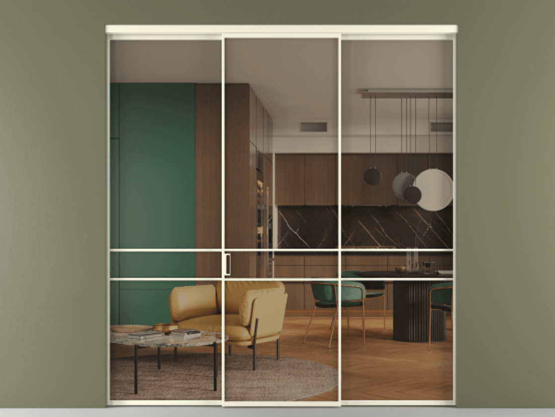 Перегородка Формато внутри проёма 3 створки АЛПР 040.02 Алюминий молочно-белый Прозрачное бронзовое стекло, триплекс Цена 345470 сом | Volhovec