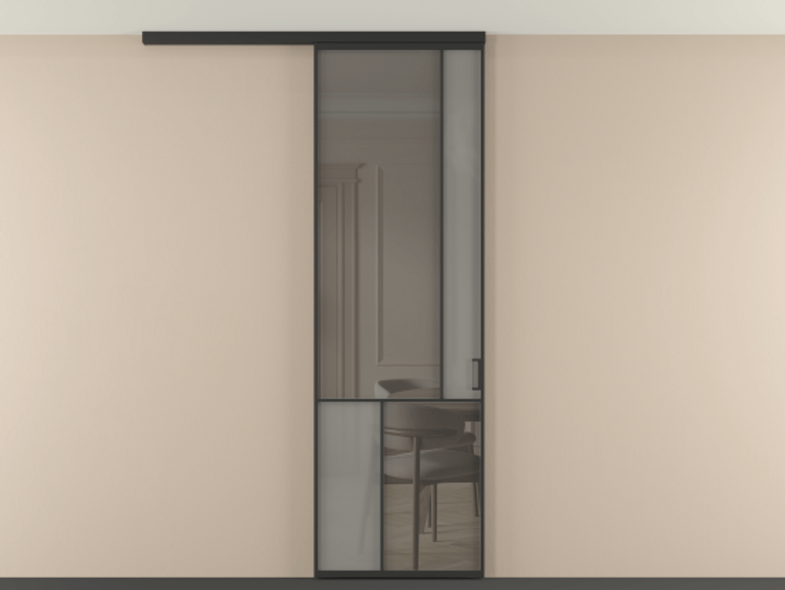 Перегородка Мозаик вдоль стены на потолок 1 створка АЛПР 041.21 Алюминий Черный Сатинированное серое стекло, триплекс, 6 мм + Прозрачное серое стекло, триплекс Цена 188640 сом | Volhovec