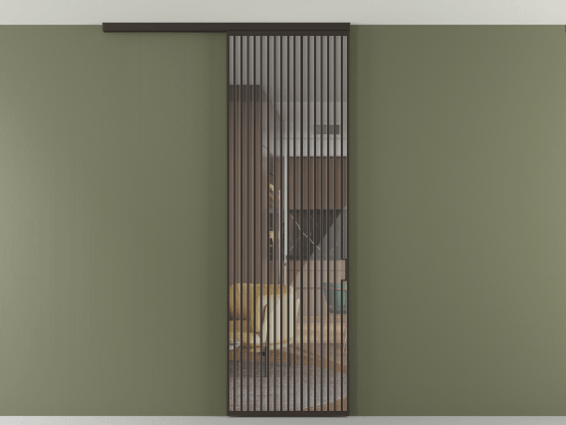 Перегородка Формато вдоль стены на потолок 1 створка АЛПР 040.06 Алюминий антрацит Рефлективное прозрачное стекло "Стопсол", калёное Цена 281920 сом | Volhovec