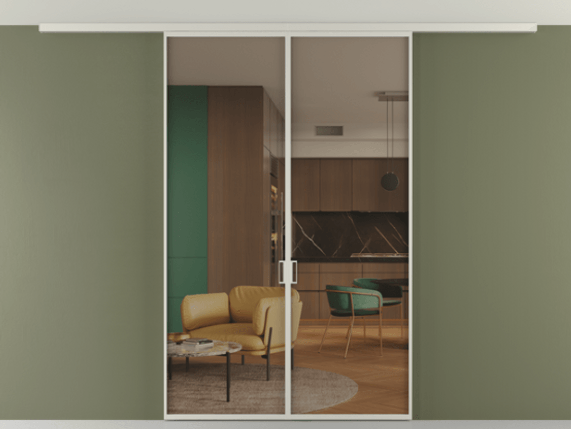 Перегородка Формато вдоль стены на потолок 2 створки АЛПР 040.01 Алюминий тёплый серый Прозрачное бронзовое стекло, триплекс Цена 258740 сом | Volhovec