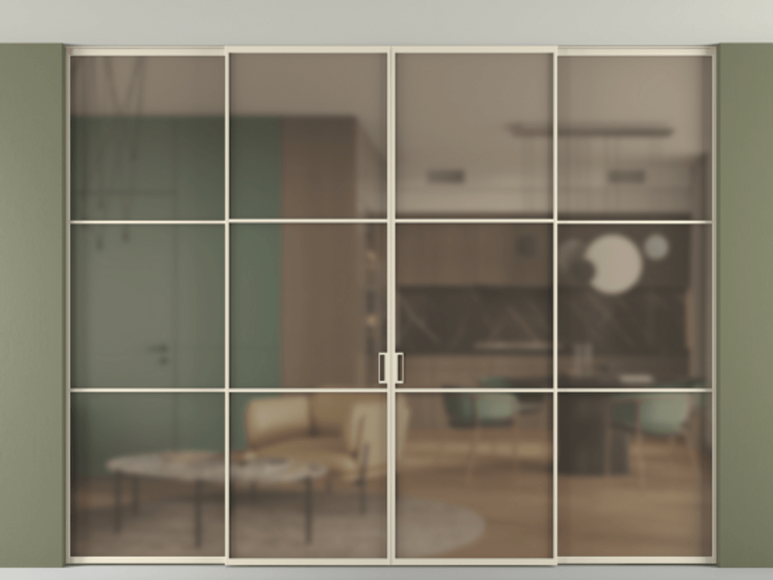 Перегородка Формато внутри проёма скрытое крепление в потолок 4 створки АЛПР 040.03 Алюминий бежево-серый Сатинированное бронзовое стекло, триплекс Цена 641410 сом | Volhovec