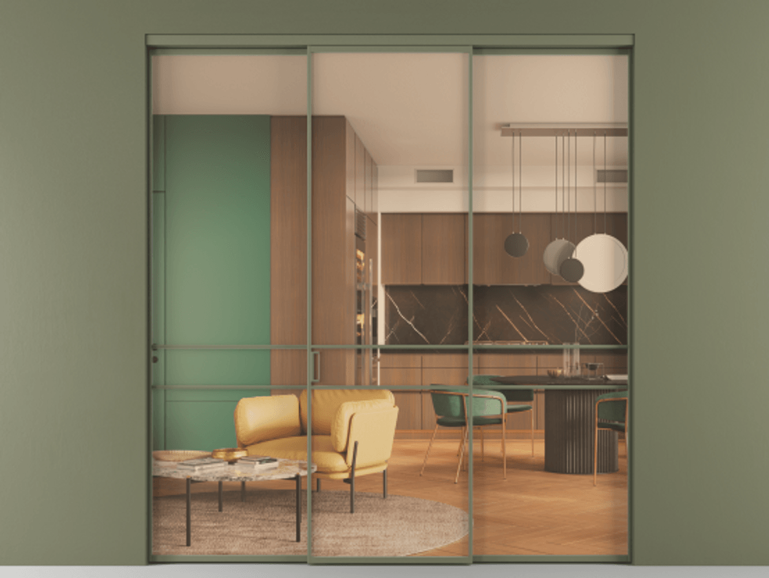 Перегородка Formato внутри проёма 3 створки АЛПР 040.02 Алюминий оливковый тёмный Прозрачное оранжевое стекло, триплекс Цена 345470 сом | Volhovec