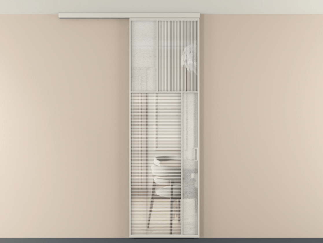 Перегородка Мозаик вдоль стены на потолок 1 створка АЛПР 041.23 Алюминий облачно-серый Рифлёное стекло "Дюна", триплекс, 6 мм + Фактурное стекло "Лёд", триплекс Цена 208270 сом | Volhovec