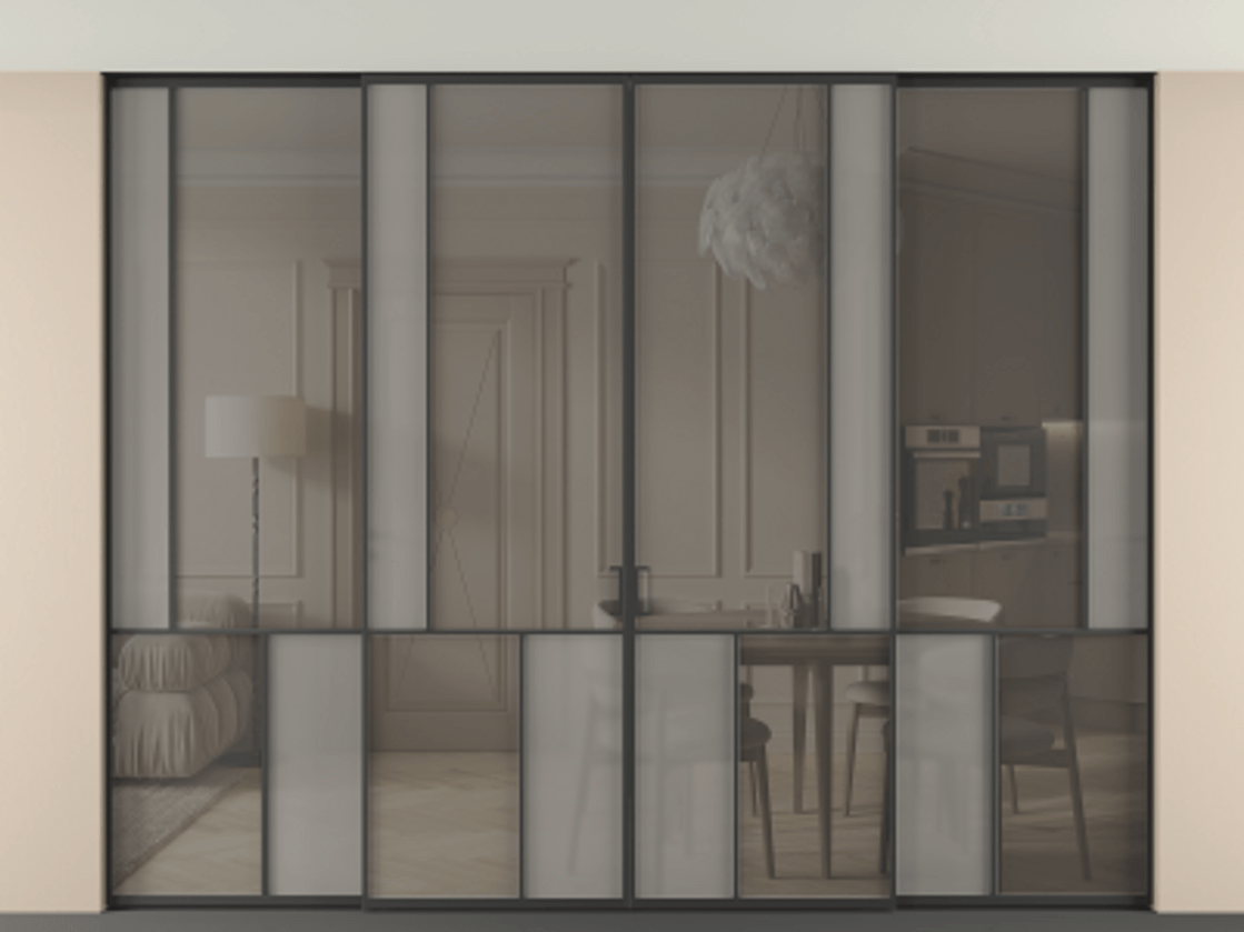 Перегородка Mosaic внутри проёма скрытое крепление в потолок 4 створки АЛПР 041.21 Алюминий Черный Декоративное стекло с сеткой "Mesh silver", триплекс, 6 мм + Прозрачное бронзовое стекло, триплекс Цена 870890 сом | Volhovec