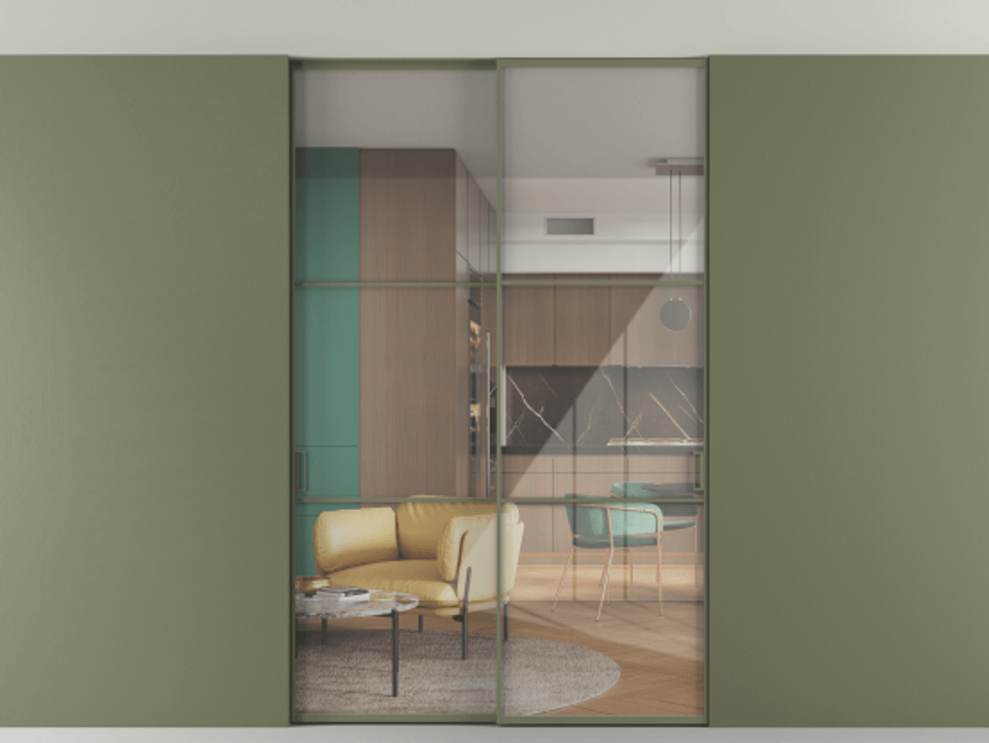 Перегородка Формато внутри проёма скрытое крепление в потолок 2 створки АЛПР 040.03 Алюминий оливковый тёмный Рефлективное прозрачное стекло "Стопсол", калёное Цена 444840 сом | Volhovec