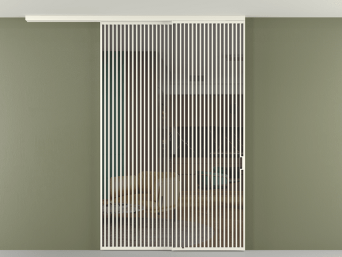 Перегородка Формато вдоль стены на потолок 2 створки с синхронным механизмом АЛПР 040.06 Алюминий жемчужный Прозрачное серое стекло, триплекс Цена 655860 сом | Volhovec