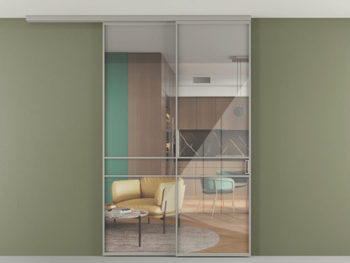 Перегородка Формато вдоль стены на потолок 2 створки с синхронным механизмом АЛПР 040.02 Алюминий нейтральный серый Рефлективное прозрачное стекло "Стопсол", калёное Цена 423370 сом | Volhovec