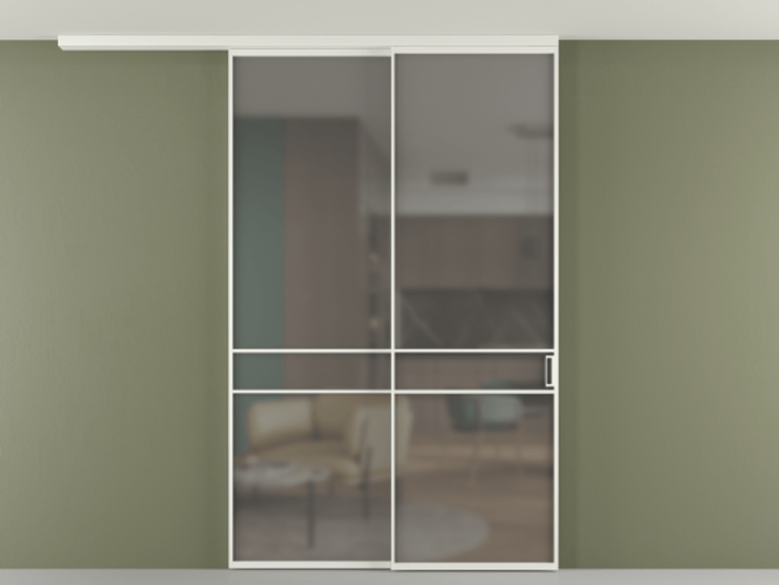 Перегородка Формато вдоль стены на потолок 2 створки с синхронным механизмом АЛПР 040.02 Алюминий светло-серый Сатинированное серое стекло, триплекс Цена 452850 сом | Volhovec