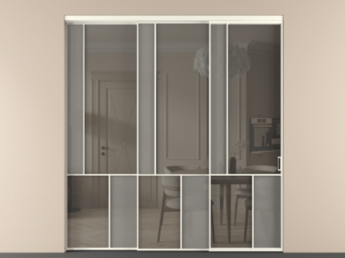 Перегородка Мозаик внутри проёма 3 створки с синхронным механизмом АЛПР 041.20  Алюминий жемчужный Сатинированное серое стекло, триплекс, 6 мм + Прозрачное серое стекло, триплекс Цена 636840 сом | Volhovec