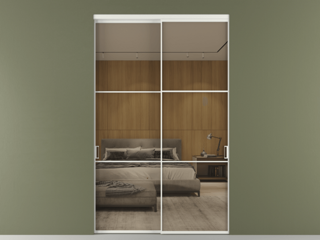 Перегородка Формато внутри проёма 2 створки АЛПР 040.03 Алюминий светло-серый Рефлективное бронзовое стекло "Стопсол", калёное Цена 696400 сом  | Volhovec