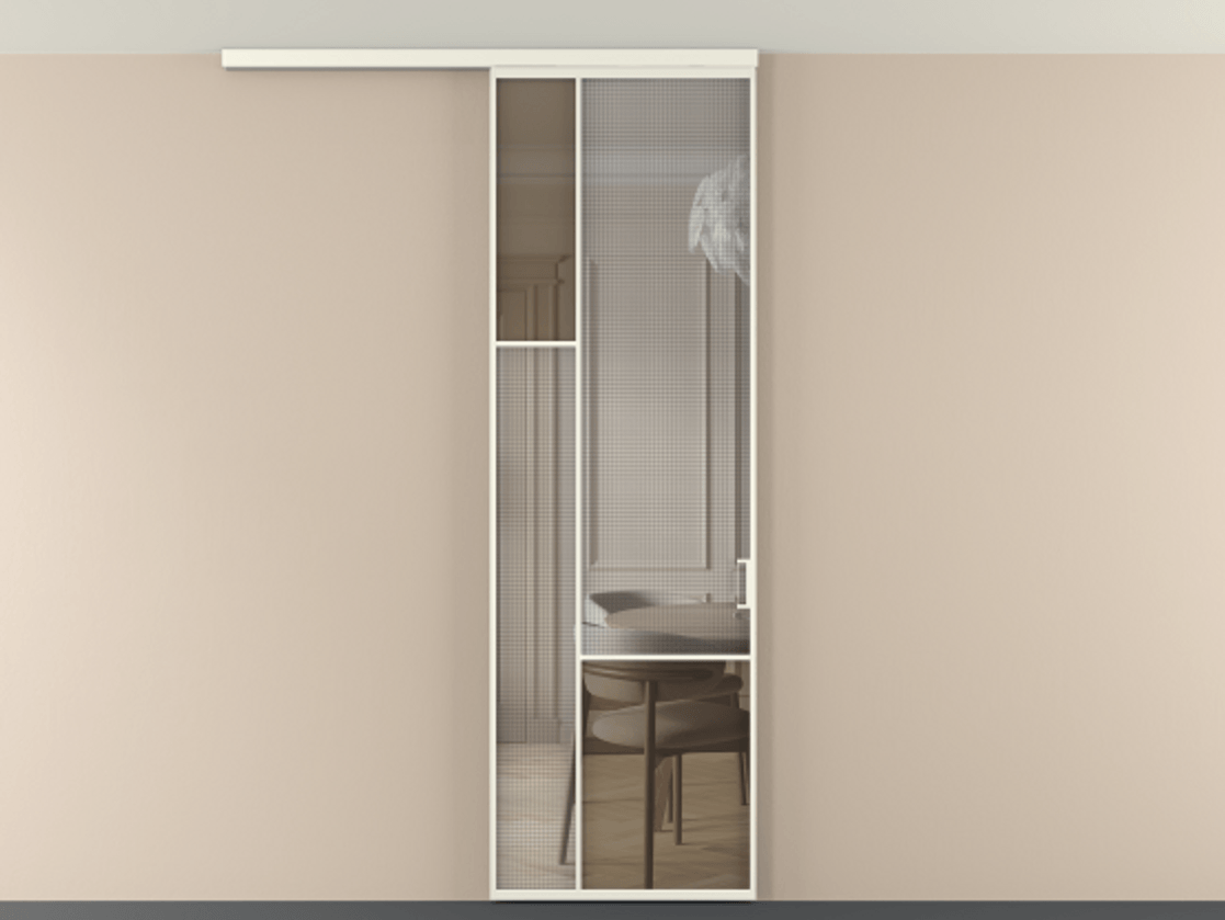 Перегородка Mosaic вдоль стены на потолок 1 створка АЛПР 041.13 Алюминий жемчужный Декоративное стекло с сеткой "Mesh silver", триплекс, 6 мм + Прозрачное бронзовое стекло, триплекс Цена 205350 сом | Volhovec