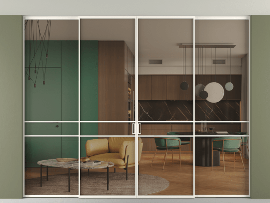 Перегородка Формато внутри проёма скрытое крепление в потолок 4 створки АЛПР 040.02 Алюминий пудровый белый Прозрачное бронзовое стекло, триплекс Цена 641410 сом | Volhovec