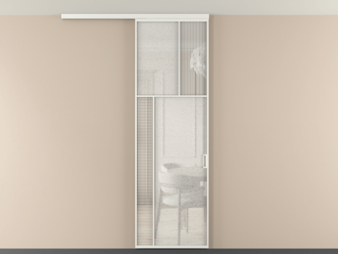 Перегородка Мозаик вдоль стены на потолок 1 створка АЛПР 041.22 Алюминий светло-серый Рифлёное стекло "Дюна", триплекс, 6 мм + Фактурное стекло "Лёд", триплекс Цена 208270 сом | Volhovec