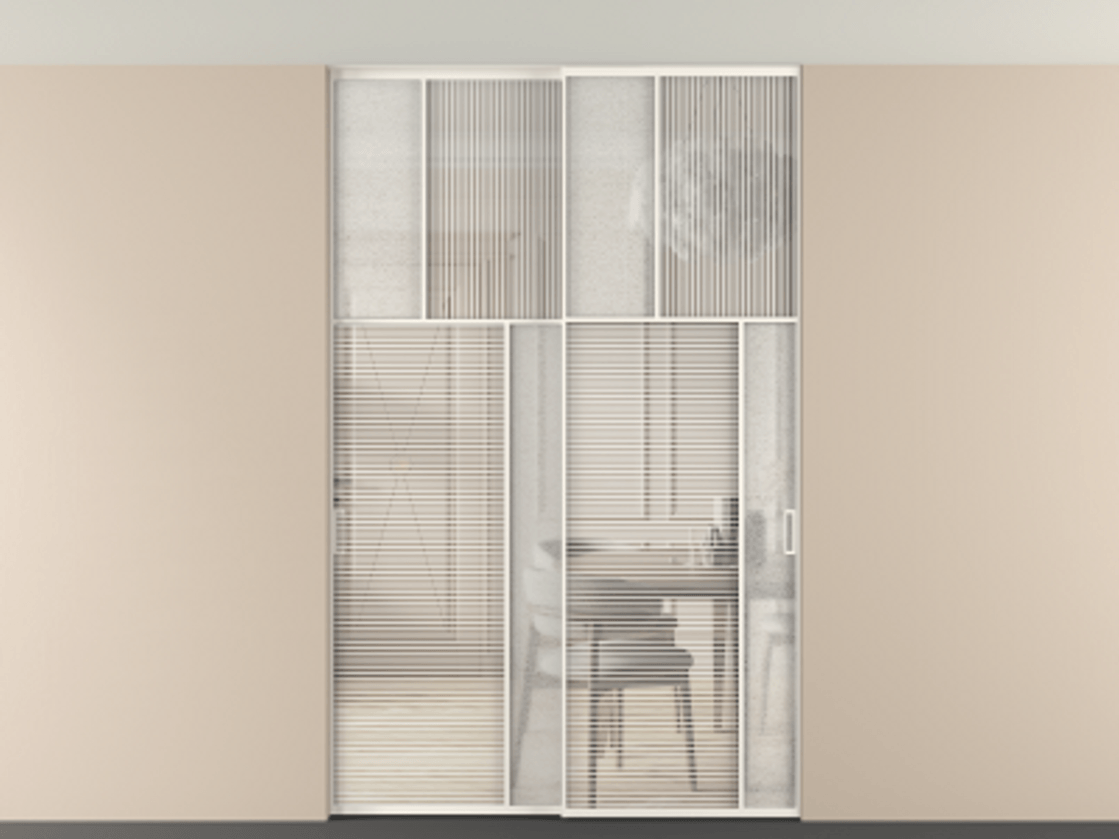 Перегородка Мозаик внутри проёма скрытое крепление в потолок 2 створки АЛПР 041.23 Алюминий пудровый белый Рифлёное стекло "Дюна", триплекс, 6 мм + Фактурное стекло "Лёд", триплекс Цена 495880 сом | Volhovec