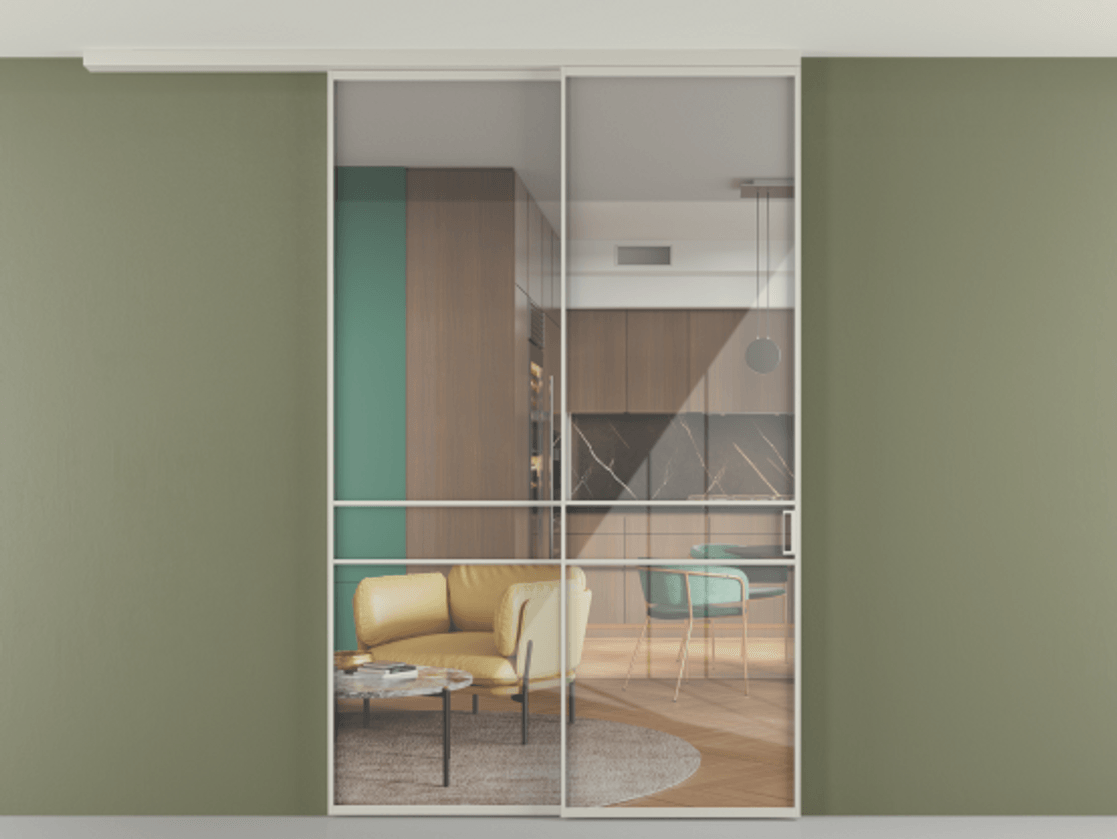 Перегородка Формато вдоль стены на потолок 2 створки с синхронным механизмом АЛПР 040.02 Алюминий тёплый серый Рефлективное прозрачное стекло "Стопсол", калёное Цена 476140 сом | Volhovec