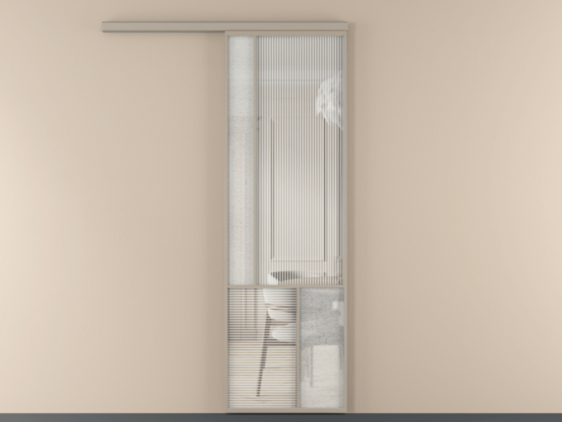 Перегородка Mosaic вдоль стены 1 створка АЛПР 041.20 Алюминий бисквитный Рифлёное стекло "Дюна", триплекс, 6 мм + Фактурное стекло "Лёд", триплекс Цена 211160 сом | Volhovec