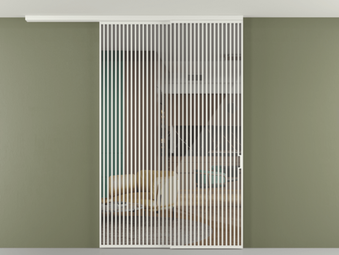 Перегородка Формато вдоль стены на потолок 2 створки с синхронным механизмом АЛПР 040.06 Алюминий светло-серый Рефлективное прозрачное стекло "Стопсол", калёное Цена 790050 сом | Volhovec