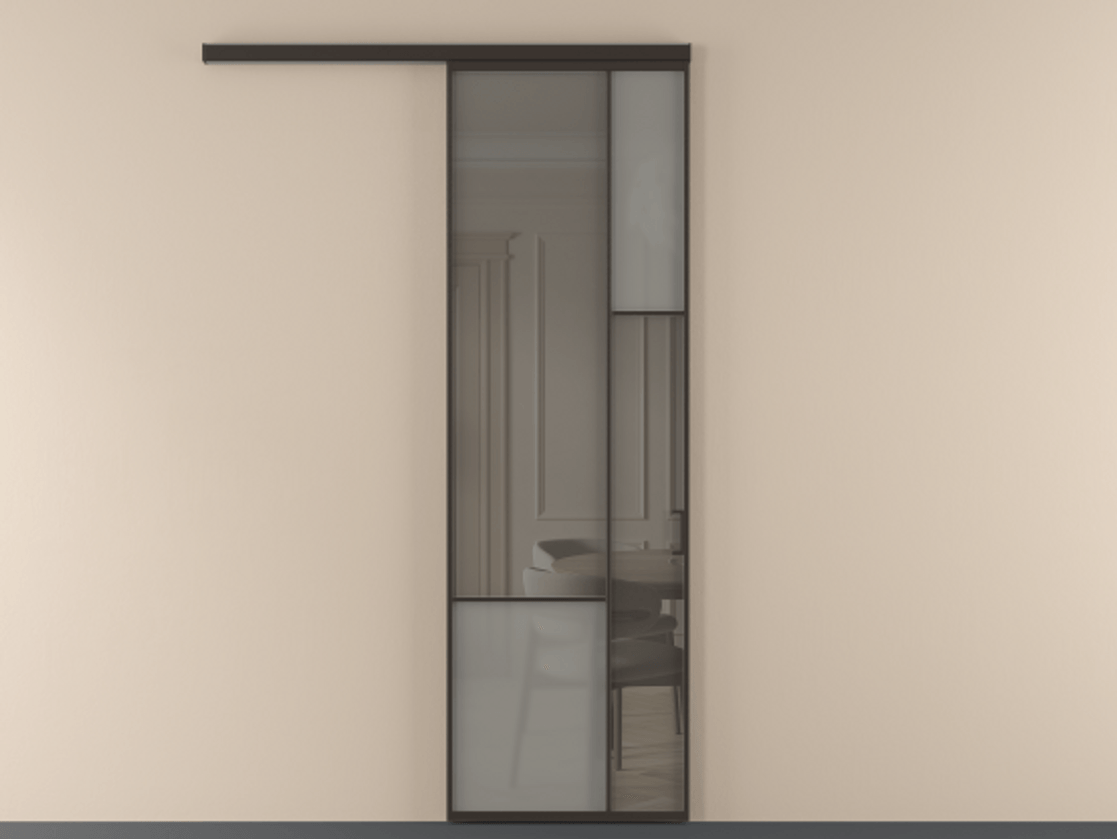 Перегородка Mosaic вдоль стены 1 створка АЛПР 041.12 Алюминий антрацит Сатинированное серое стекло, триплекс, 6 мм + Прозрачное серое стекло, триплекс Цена 199520 сом | Volhovec