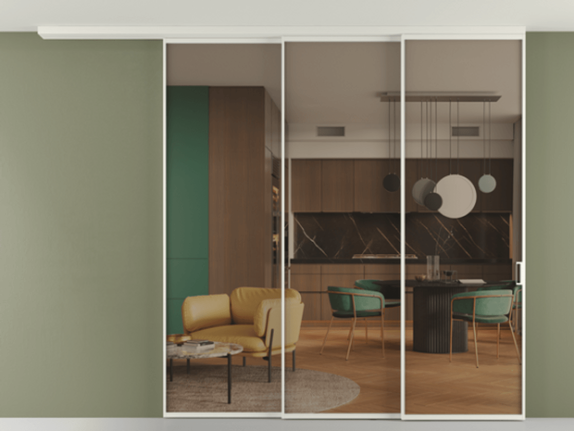 Перегородка Formato вдоль стены на потолок 3 створки с синхронным механизмом АЛПР 040.01 Алюминий Белый Прозрачное бронзовое стекло, триплекс. Скрытый короб БЕЛ Цена 363632 ₽ 1. Полотно 2 шт. (800/2100 мм)
2. Комплект установки раздвижной системы
3. Базовый комплект фурнитуры
4.Ручка RONDO
. Фабрика дверей Волховец 8 (800) 551 43 19 Перегородка Formato вдоль стены на потолок 3 створки с синхронным механизмом АЛПР 040.01 Алюминий Белый Прозрачное бронзовое стекло, триплекс Цена 363632 ₽ | Volhovec