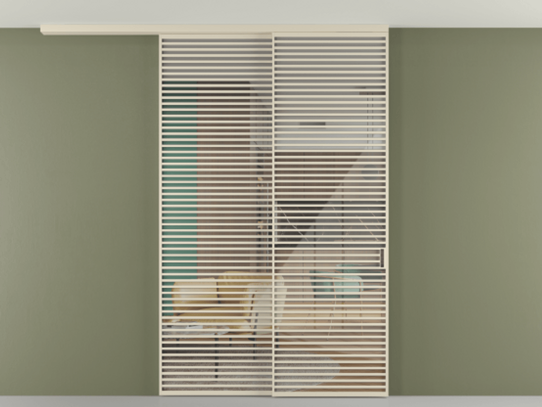 Перегородка Формато вдоль стены на потолок 2 створки с синхронным механизмом АЛПР 040.07 Алюминий бежево-серый Рефлективное прозрачное стекло "Стопсол", калёное Цена 790050 сом | Volhovec