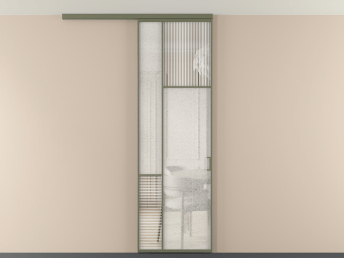 Перегородка Мозаик вдоль стены на потолок 1 створка АЛПР 041.11 Алюминий оливковый тёмный Рифлёное стекло "Дюна", триплекс, 6 мм + Фактурное стекло "Лёд", триплекс Цена 208270 сом | Volhovec