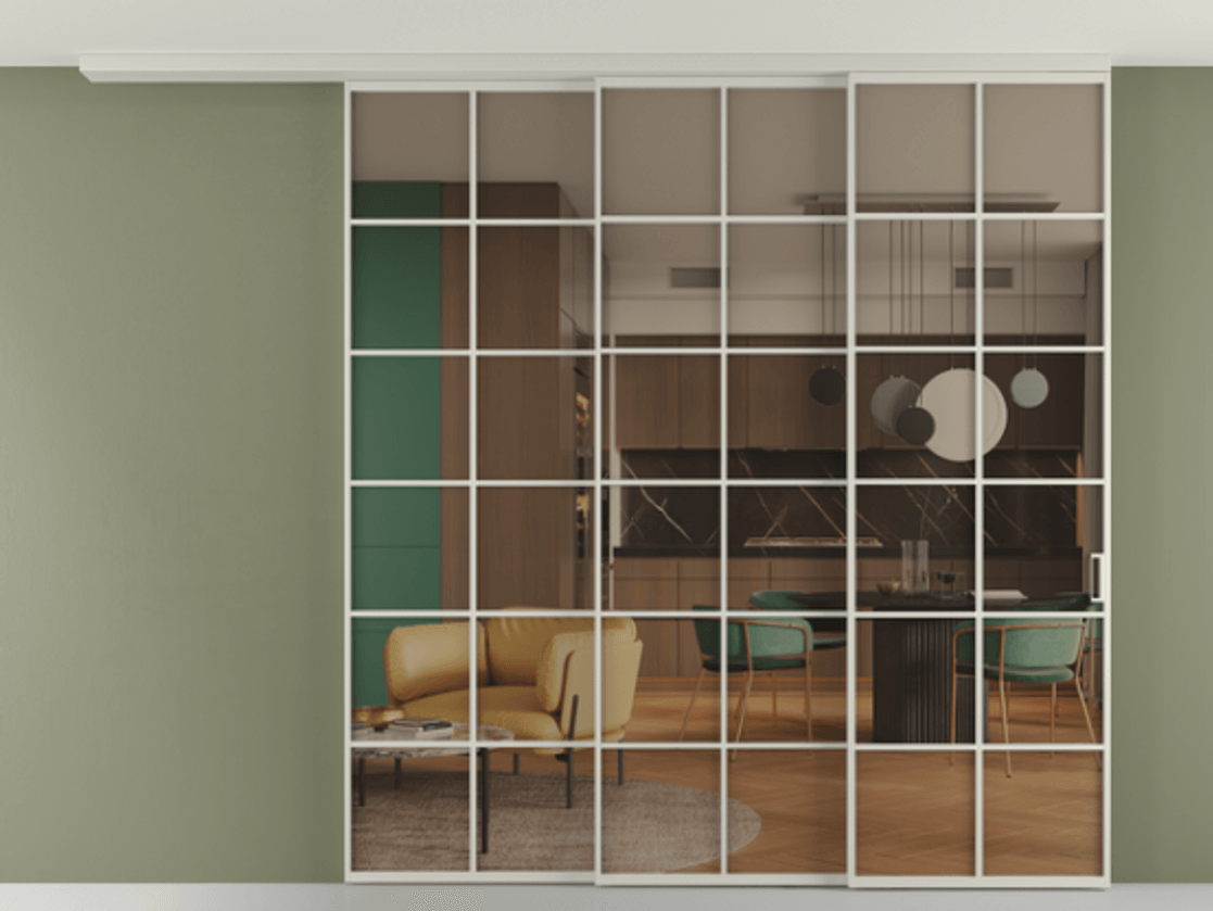 Перегородка Formato вдоль стены на потолок 3 створки с синхронным механизмом АЛПР 040.05 Алюминий тёплый серый Прозрачное бронзовое стекло, триплекс Цена 587170 сом | Volhovec