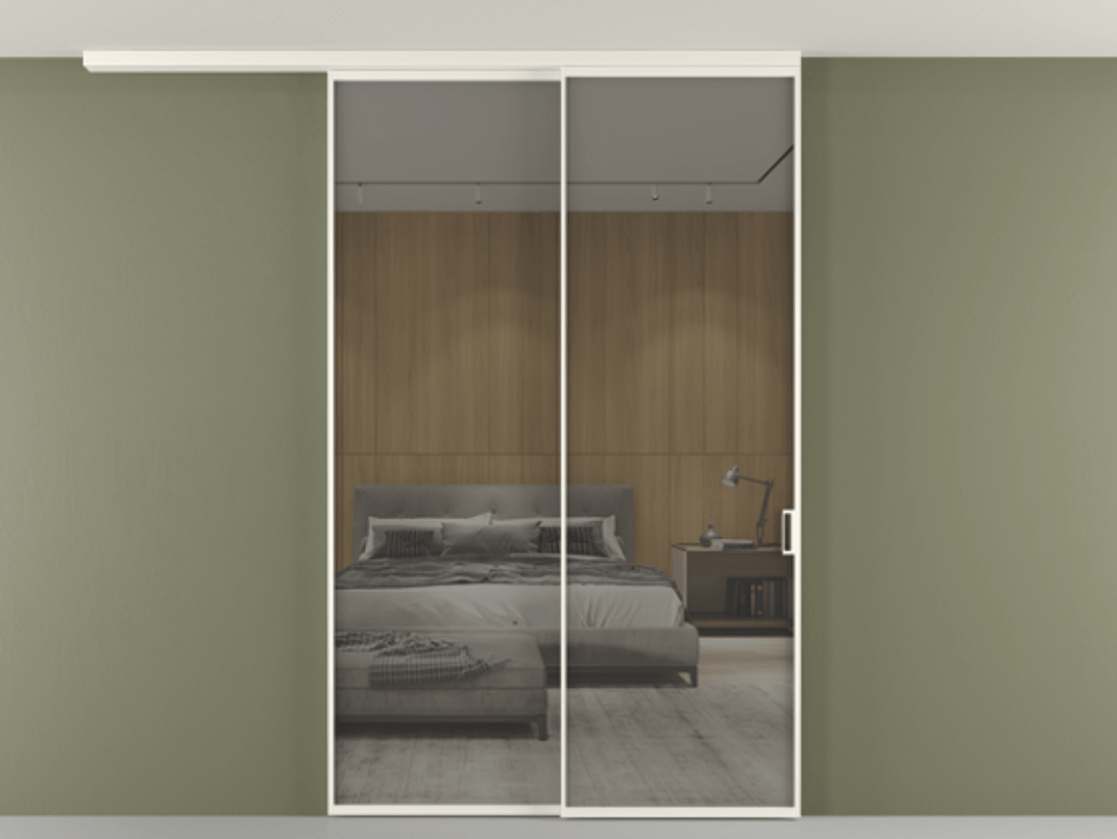 Перегородка Формато вдоль стены на потолок 2 створки с синхронным механизмом АЛПР 040.01 Алюминий пудровый белый Рефлективное серое стекло "Стопсол", калёное Цена 458840 сом | Volhovec