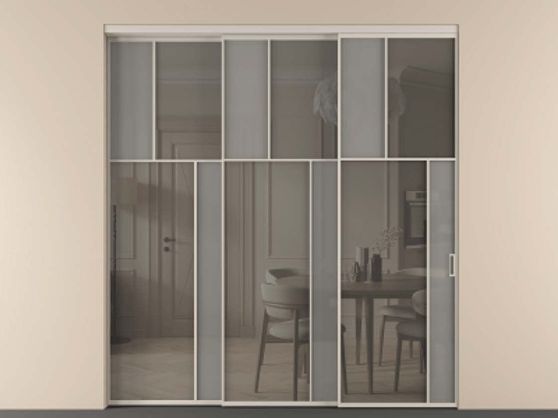 Перегородка Мозаик внутри проёма 3 створки с синхронным механизмом АЛПР 041.23 Алюминий светло-бежевый Сатинированное серое стекло, триплекс, 6 мм + Прозрачное серое стекло, триплекс Цена 636840 сом | Volhovec