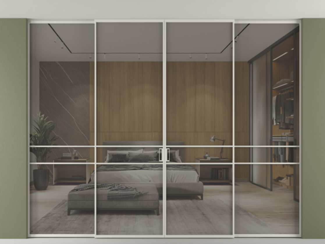 Перегородка Формато внутри проёма скрытое крепление в потолок 4 створки АЛПР 040.02 Алюминий тёплый серый Рефлективное серое стекло "Стопсол", калёное Цена 808280 сом | Volhovec