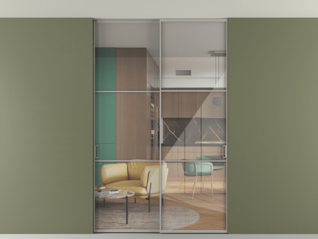 Перегородка Формато внутри проёма скрытое крепление в потолок 2 створки АЛПР 040.03 Алюминий нейтральный серый Рефлективное прозрачное стекло "Стопсол", калёное Цена 444840 сом | Volhovec